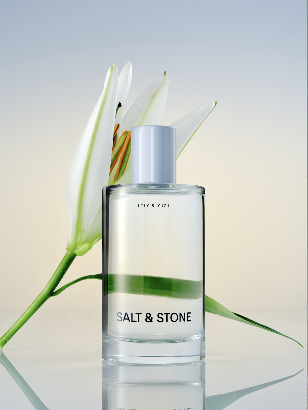 Salt & Stone Lily and Yuzu fragrance with a white lily